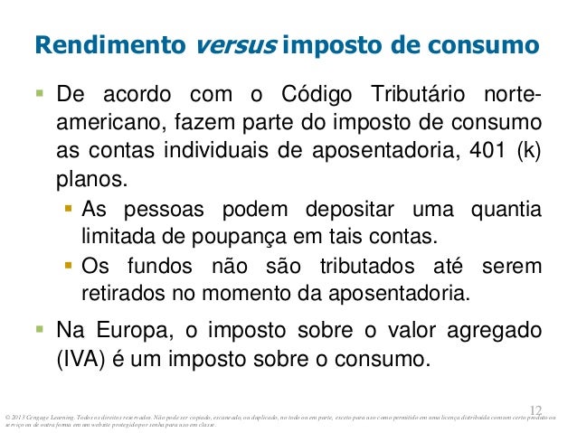 © 2013 Cengage Learning. Todos os direitos reservados. Não pode ser copiado, escaneado, ou duplicado, no todo ou em parte, exceto para uso como permitido em uma licença distribuída com um certo produto ou
serviço ou de outra forma em um website protegido por senha para uso em classe.
12
12
Rendimento versus imposto de consumo
 De acordo com o Código Tributário norte-
americano, fazem parte do imposto de consumo
as contas individuais de aposentadoria, 401 (k)
planos.
 As pessoas podem depositar uma quantia
limitada de poupança em tais contas.
 Os fundos não são tributados até serem
retirados no momento da aposentadoria.
 Na Europa, o imposto sobre o valor agregado
(IVA) é um imposto sobre o consumo.
 