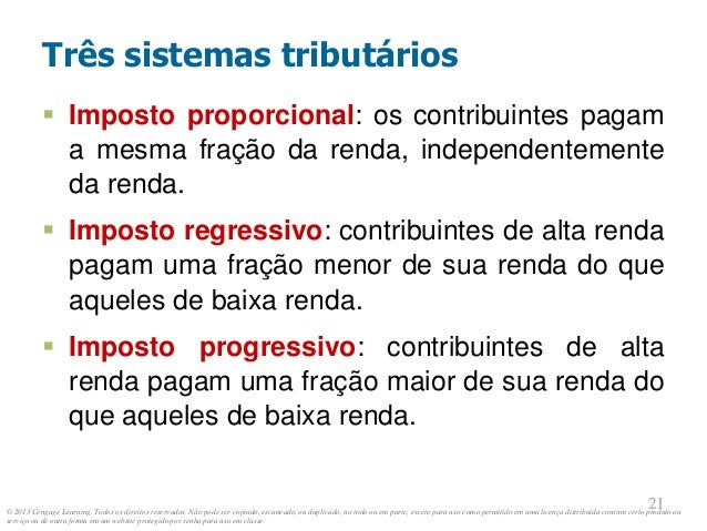 © 2013 Cengage Learning. Todos os direitos reservados. Não pode ser copiado, escaneado, ou duplicado, no todo ou em parte, exceto para uso como permitido em uma licença distribuída com um certo produto ou
serviço ou de outra forma em um website protegido por senha para uso em classe.
21
21
Três sistemas tributários
 Imposto proporcional: os contribuintes pagam
a mesma fração da renda, independentemente
da renda.
 Imposto regressivo: contribuintes de alta renda
pagam uma fração menor de sua renda do que
aqueles de baixa renda.
 Imposto progressivo: contribuintes de alta
renda pagam uma fração maior de sua renda do
que aqueles de baixa renda.
 