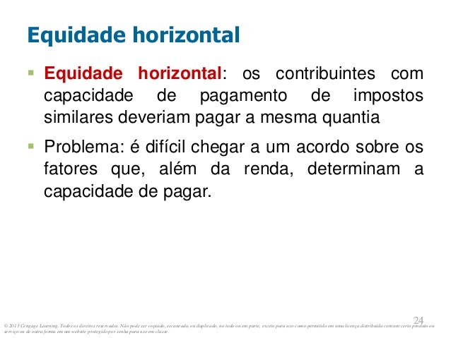 © 2013 Cengage Learning. Todos os direitos reservados. Não pode ser copiado, escaneado, ou duplicado, no todo ou em parte, exceto para uso como permitido em uma licença distribuída com um certo produto ou
serviço ou de outra forma em um website protegido por senha para uso em classe.
24
24
Equidade horizontal
 Equidade horizontal: os contribuintes com
capacidade de pagamento de impostos
similares deveriam pagar a mesma quantia
 Problema: é difícil chegar a um acordo sobre os
fatores que, além da renda, determinam a
capacidade de pagar.
 