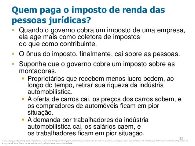 © 2013 Cengage Learning. Todos os direitos reservados. Não pode ser copiado, escaneado, ou duplicado, no todo ou em parte, exceto para uso como permitido em uma licença distribuída com um certo produto ou
serviço ou de outra forma em um website protegido por senha para uso em classe.
32
32
Quem paga o imposto de renda das
pessoas jurídicas?
 Quando o governo cobra um imposto de uma empresa,
ela age mais como coletora de impostos
do que como contribuinte.
 O ônus do imposto, finalmente, cai sobre as pessoas.
 Suponha que o governo cobre um imposto sobre as
montadoras.
 Proprietários que recebem menos lucro podem, ao
longo do tempo, retirar sua riqueza da indústria
automobilística.
 A oferta de carros cai, os preços dos carros sobem, e
os compradores de automóveis ficam em pior
situação.
 A demanda por trabalhadores da indústria
automobilística cai, os salários caem, e
os trabalhadores ficam em pior situação.
 