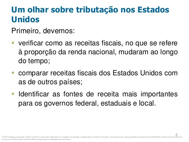 © 2013 Cengage Learning. Todos os direitos reservados. Não pode ser copiado, escaneado, ou duplicado, no todo ou em parte, exceto para uso como permitido em uma licença distribuída com um certo produto ou
serviço ou de outra forma em um website protegido por senha para uso em classe.
4
4
Um olhar sobre tributação nos Estados
Unidos
Primeiro, devemos:
 verificar como as receitas fiscais, no que se refere
à proporção da renda nacional, mudaram ao longo
do tempo;
 comparar receitas fiscais dos Estados Unidos com
as de outros países;
 Identificar as fontes de receita mais importantes
para os governos federal, estaduais e local.
 