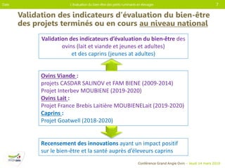 Conférence Grand Angle Ovin – Jeudi 14 mars 2019
Validation des indicateurs d’évaluation du bien-être
des projets terminés ou en cours au niveau national
L’évaluation du bien-être des petits ruminants en élevages 7Date
Ovins Viande :
projets CASDAR SALINOV et FAM BIENE (2009-2014)
Projet Interbev MOUBIENE (2019-2020)
Ovins Lait :
Projet France Brebis Laitière MOUBIENELait (2019-2020)
Caprins :
Projet Goatwell (2018-2020)
Validation des indicateurs d’évaluation du bien-être des
ovins (lait et viande et jeunes et adultes)
et des caprins (jeunes at adultes)
Recensement des innovations ayant un impact positif
sur le bien-être et la santé auprès d’éleveurs caprins
 