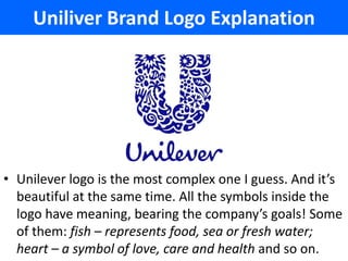 Uniliver Brand Logo Explanation




• Unilever logo is the most complex one I guess. And it’s
  beautiful at the same time. All the symbols inside the
  logo have meaning, bearing the company’s goals! Some
  of them: fish – represents food, sea or fresh water;
  heart – a symbol of love, care and health and so on.
 