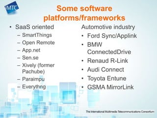 Some software
platforms/frameworks
• SaaS oriented
– SmartThings
– Open Remote
– App.net
– Sen.se
– Xively (former
Pachube)
– Paraimpu
– Everythng
Automotive industry
• Ford Sync/Applink
• BMW
ConnectedDrive
• Renaud R-Link
• Audi Connect
• Toyota Entune
• GSMA MirrorLink
 