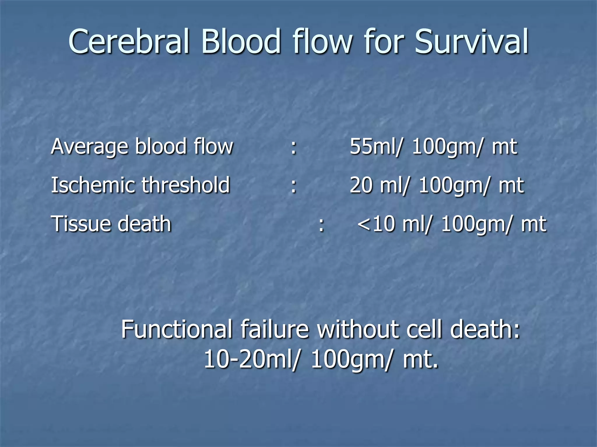 Cerebral Blood flow for Survival
Average blood flow : 55ml/ 100gm/ mt
Ischemic threshold : 20 ml/ 100gm/ mt
Tissue death : <10 ml/ 100gm/ mt
Functional failure without cell death:
10-20ml/ 100gm/ mt.
 