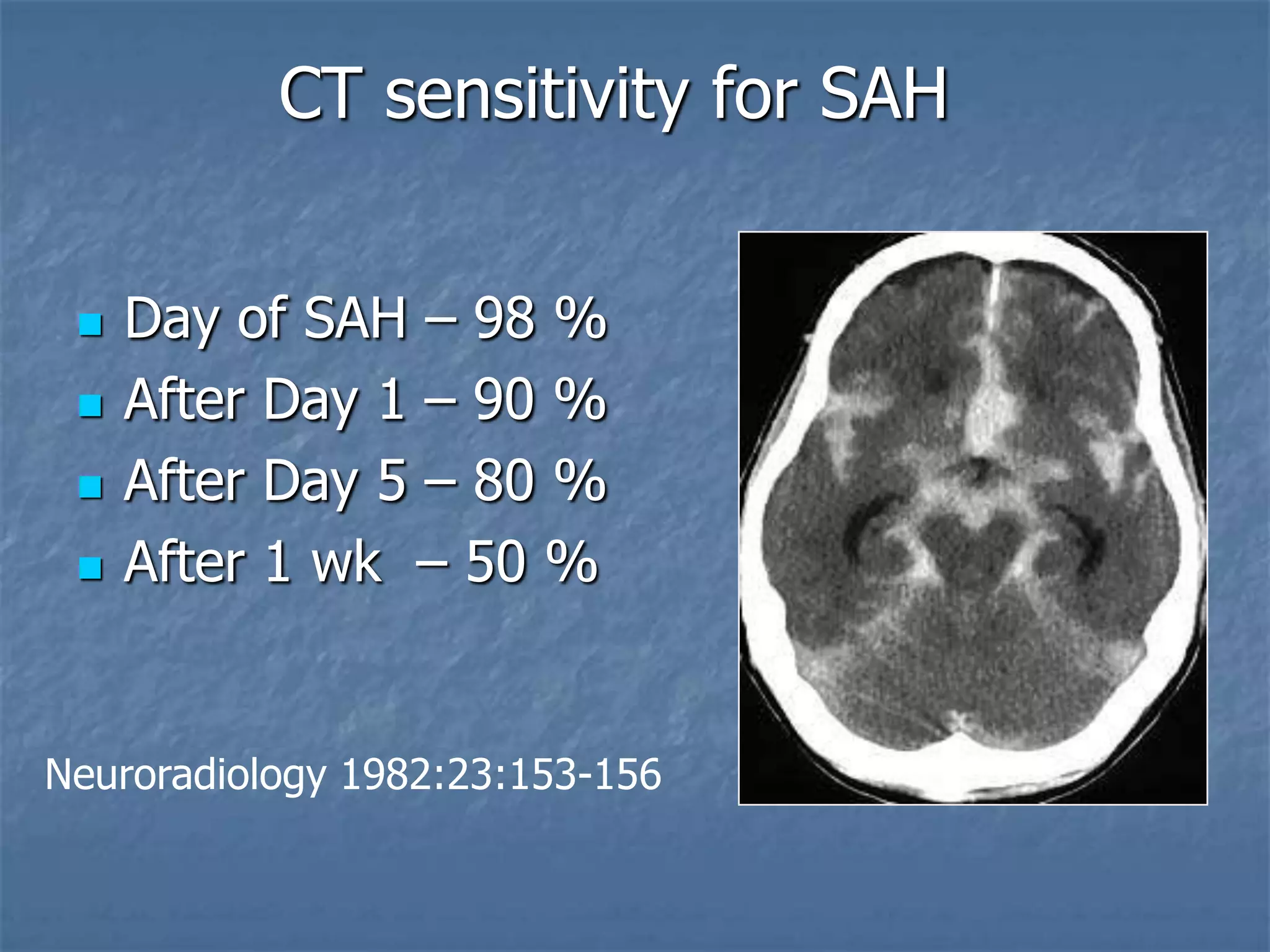 CT sensitivity for SAH
 Day of SAH – 98 %
 After Day 1 – 90 %
 After Day 5 – 80 %
 After 1 wk – 50 %
Neuroradiology 1982:23:153-156
 
