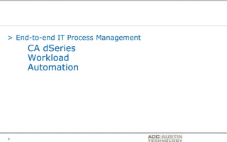 > End-to-end IT Process Management
     CA dSeries
     Workload
     Automation




                                     Co-branded Logo Footprint
                                            Aligned Right Edge
8                                    Must Fit Within This Space
 
