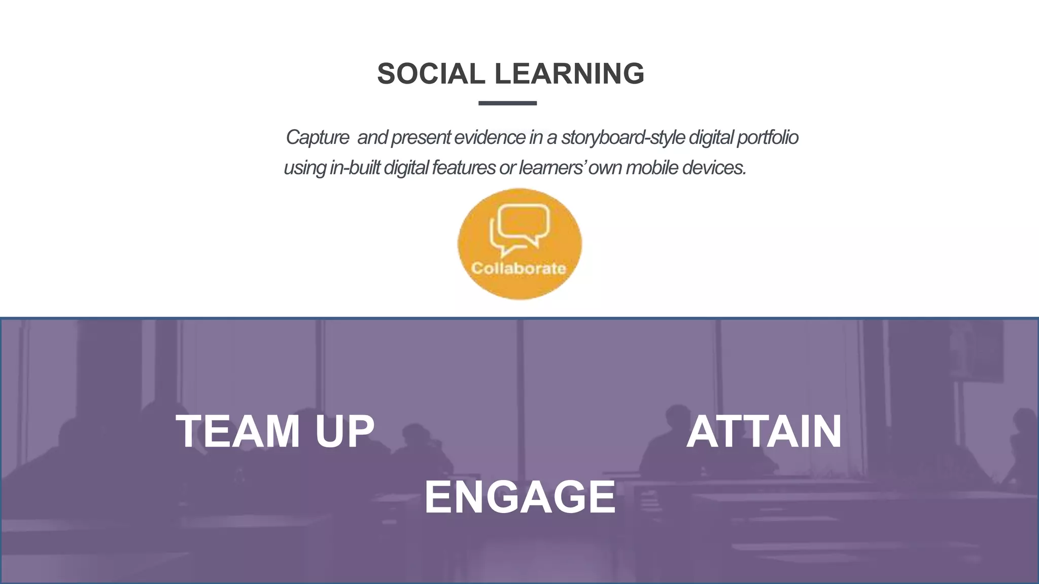 SOCIAL LEARNING
TEAM UP
ENGAGE
ATTAIN
Capture andpresentevidenceina storyboard-styledigitalportfolio
usingin-builtdigitalfeaturesorlearners’ownmobiledevices.
 