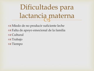 Dificultades para 
lactancia materna 
 
 Miedo de no producir suficiente leche 
 Falta de apoyo emocional de la familia 
 Cultural 
 Trabajo 
 Tiempo 
 