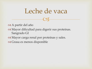 Leche de vaca 
 
 A partir del año 
 Mayor dificultad para digerir sus proteínas. 
Sangrado GI 
 Mayor carga renal por proteínas y sales. 
 Grasa es menos disponible 
 