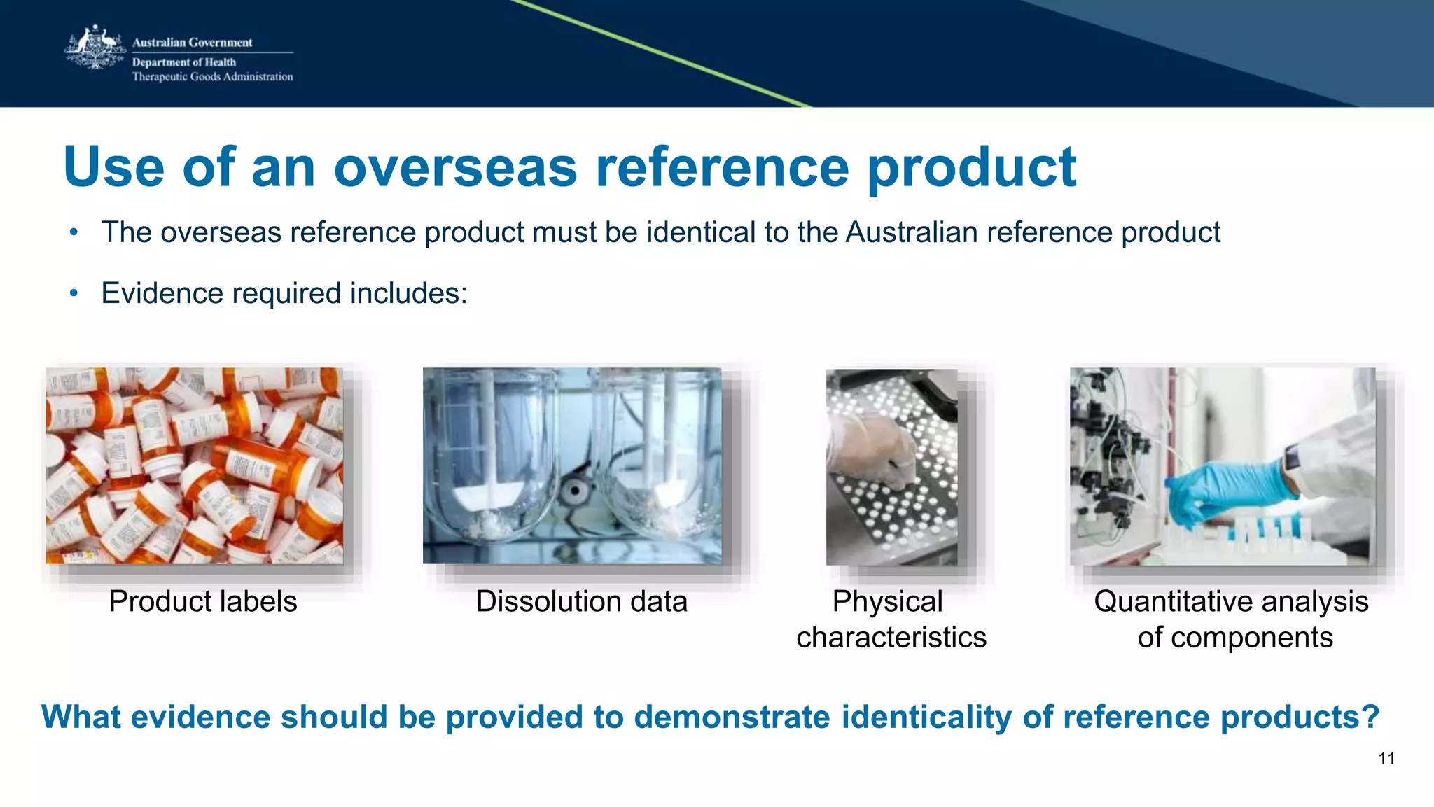 Use of an overseas reference product
• The overseas reference product must be identical to the Australian reference product
• Evidence required includes:
Product labels Dissolution data Physical
characteristics
Quantitative analysis
of components
What evidence should be provided to demonstrate identicality of reference products?
11
 