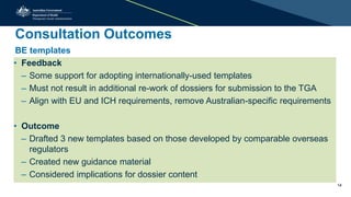 Consultation Outcomes
BE templates
• Feedback
– Some support for adopting internationally-used templates
– Must not result in additional re-work of dossiers for submission to the TGA
– Align with EU and ICH requirements, remove Australian-specific requirements
• Outcome
– Drafted 3 new templates based on those developed by comparable overseas
regulators
– Created new guidance material
– Considered implications for dossier content
14
 