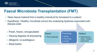 Faecal Microbiota Transplantation (FMT)
• Takes faecal material from a healthy individual for transplant to a patient
• Hypothesis: ‘Healthy’ microbiota correct the underlying dysbiosis associated with
disease state
– Fresh, frozen, encapsulated
– Varying degrees of processing
– Allogenic vs autologous
– Stool banks
Donor
• Pre-screened
Processing
• Testing
• Processing
• storage
Patient
• Administered
under medical
supervision
27
 
