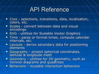 API ReferenceAPI Reference
 CoreCore - selections, transitions, data, localization,- selections, transitions, data, localization,
colors, etc.colors, etc.
 ScalesScales - convert between data and visual- convert between data and visual
encodingsencodings
 SVGSVG - utilities for Scalable Vector Graphics- utilities for Scalable Vector Graphics
 TimeTime - parse or format times, compute calendar- parse or format times, compute calendar
intervals, etc.intervals, etc.
 LayoutsLayouts - derive secondary data for positioning- derive secondary data for positioning
elementselements
 GeographyGeography - project spherical coordinates,- project spherical coordinates,
latitude & longitude mathlatitude & longitude math
 GeometryGeometry - utilities for 2D geometry, such as- utilities for 2D geometry, such as
Voronoi diagrams and quadtreesVoronoi diagrams and quadtrees
 BehaviorsBehaviors - reusable interaction behaviors- reusable interaction behaviors
 