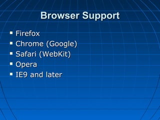 Browser SupportBrowser Support
 FirefoxFirefox
 Chrome (Google)Chrome (Google)
 Safari (WebKit)Safari (WebKit)
 OperaOpera
 IE9 and laterIE9 and later
 