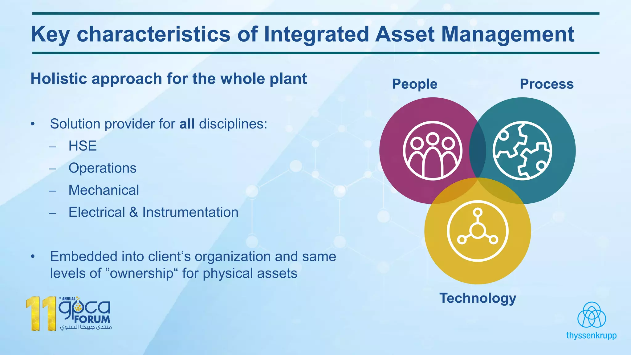 Key characteristics of Integrated Asset Management
Holistic approach for the whole plant
• Solution provider for all disciplines:
 HSE
 Operations
 Mechanical
 Electrical & Instrumentation
• Embedded into client‘s organization and same
levels of ”ownership“ for physical assets
People Process
Technology
 