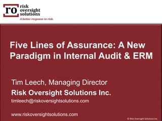 © Risk Oversight Solutions Inc.
Five Lines of Assurance: A New
Paradigm in Internal Audit & ERM
Tim Leech, Managing Director
Risk Oversight Solutions Inc.
timleech@riskoversightsolutions.com
www.riskoversightsolutions.com
 