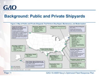 Background: Public and Private Shipyards
Page 11
Figure 2: Map of Public and Private Shipyards That Perform Ship Repair, Maintenance, and Modernization
GAO-16-466R Navy’s Optimized Fleet Response Plan
 