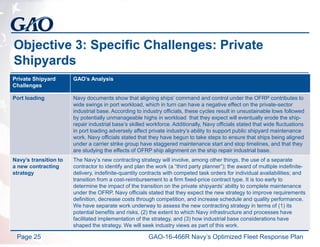 Objective 3: Specific Challenges: Private
Shipyards
Private Shipyard
Challenges
GAO’s Analysis
Port loading Navy documents show that aligning ships’ command and control under the OFRP contributes to
wide swings in port workload, which in turn can have a negative effect on the private-sector
industrial base. According to industry officials, these cycles result in unsustainable lows followed
by potentially unmanageable highs in workload that they expect will eventually erode the ship-
repair industrial base’s skilled workforce. Additionally, Navy officials stated that wide fluctuations
in port loading adversely affect private industry’s ability to support public shipyard maintenance
work. Navy officials stated that they have begun to take steps to ensure that ships being aligned
under a carrier strike group have staggered maintenance start and stop timelines, and that they
are studying the effects of OFRP ship alignment on the ship repair industrial base.
Navy’s transition to
a new contracting
strategy
The Navy’s new contracting strategy will involve, among other things, the use of a separate
contractor to identify and plan the work (a “third party planner”); the award of multiple indefinite-
delivery, indefinite-quantity contracts with competed task orders for individual availabilities; and
transition from a cost-reimbursement to a firm fixed-price contract type. It is too early to
determine the impact of the transition on the private shipyards’ ability to complete maintenance
under the OFRP. Navy officials stated that they expect the new strategy to improve requirements
definition, decrease costs through competition, and increase schedule and quality performance.
We have separate work underway to assess the new contracting strategy in terms of (1) its
potential benefits and risks, (2) the extent to which Navy infrastructure and processes have
facilitated implementation of the strategy, and (3) how industrial base considerations have
shaped the strategy. We will seek industry views as part of this work.
Page 25 GAO-16-466R Navy’s Optimized Fleet Response Plan
 