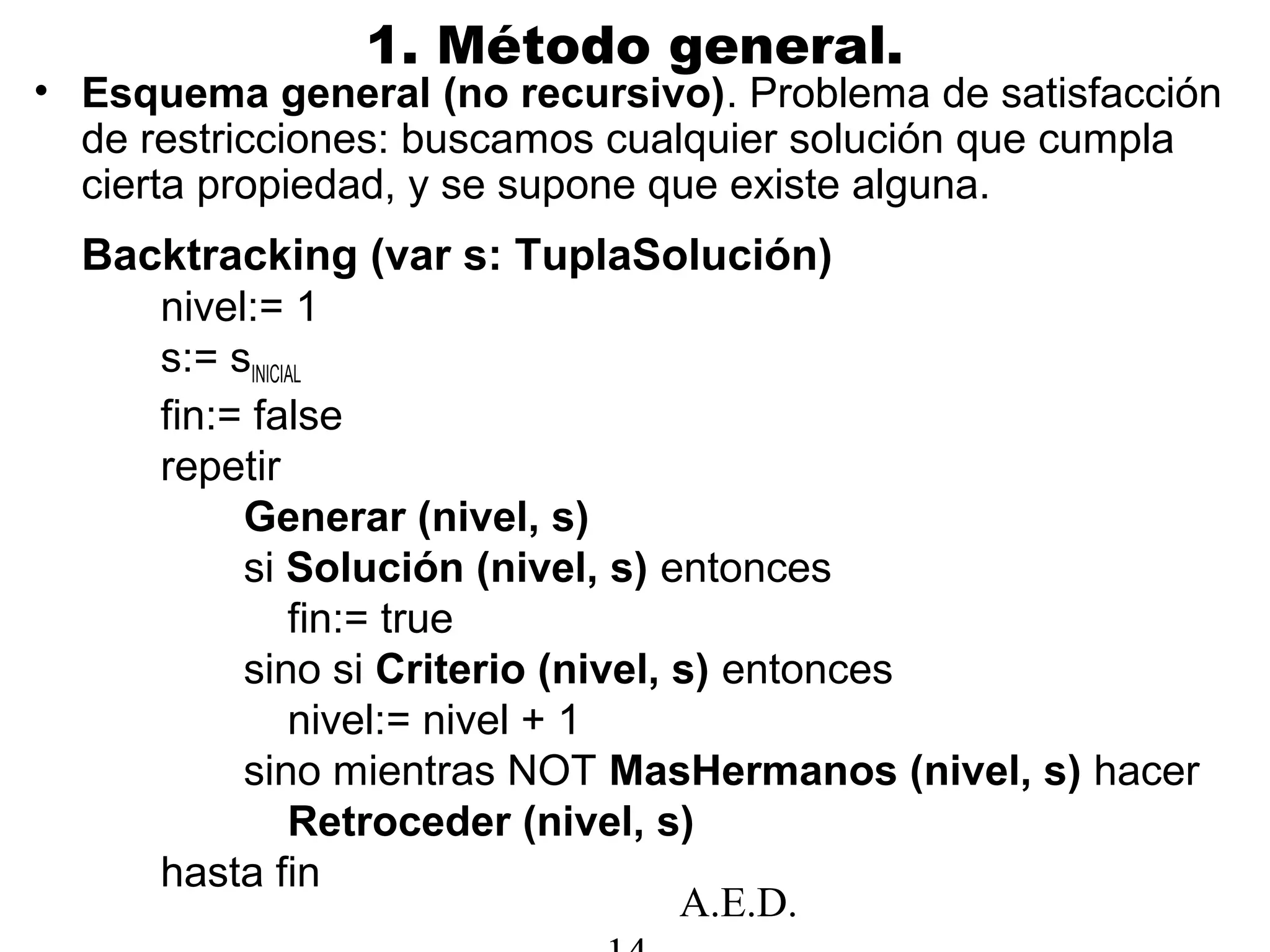 A.E.D.
1. Método general.
• Esquema general (no recursivo). Problema de satisfacción
de restricciones: buscamos cualquier solución que cumpla
cierta propiedad, y se supone que existe alguna.
Backtracking (var s: TuplaSolución)
nivel:= 1
s:= sINICIAL
fin:= false
repetir
Generar (nivel, s)
si Solución (nivel, s) entonces
fin:= true
sino si Criterio (nivel, s) entonces
nivel:= nivel + 1
sino mientras NOT MasHermanos (nivel, s) hacer
Retroceder (nivel, s)
hasta fin
 