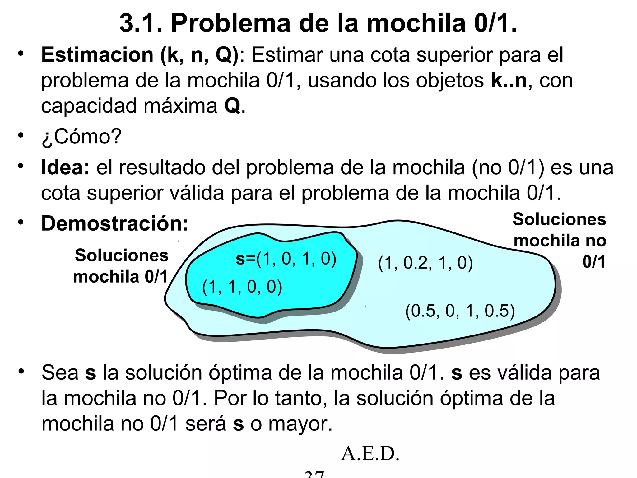 A.E.D.
3.1. Problema de la mochila 0/1.
• Estimacion (k, n, Q): Estimar una cota superior para el
problema de la mochila 0/1, usando los objetos k..n, con
capacidad máxima Q.
• ¿Cómo?
• Idea: el resultado del problema de la mochila (no 0/1) es una
cota superior válida para el problema de la mochila 0/1.
• Demostración: Soluciones
mochila no
0/1Soluciones
mochila 0/1
s=(1, 0, 1, 0)
(1, 1, 0, 0)
(1, 0.2, 1, 0)
(0.5, 0, 1, 0.5)
• Sea s la solución óptima de la mochila 0/1. s es válida para
la mochila no 0/1. Por lo tanto, la solución óptima de la
mochila no 0/1 será s o mayor.
 