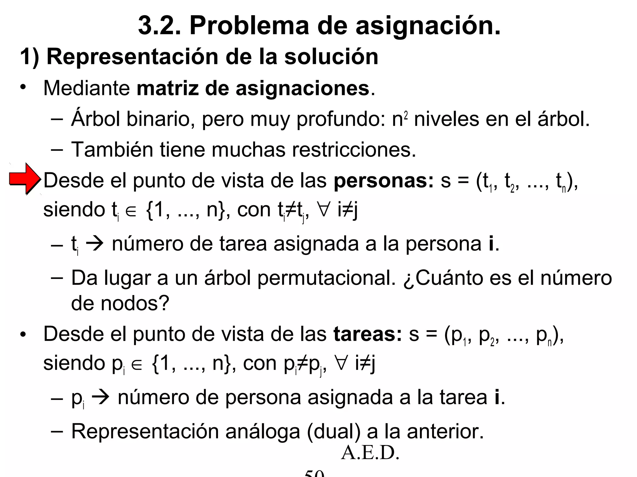 A.E.D.
1) Representación de la solución
• Mediante matriz de asignaciones.
– Árbol binario, pero muy profundo: n2
niveles en el árbol.
– También tiene muchas restricciones.
• Desde el punto de vista de las personas: s = (t1, t2, ..., tn),
siendo ti ∈ {1, ..., n}, con ti≠tj, ∀ i≠j
– ti  número de tarea asignada a la persona i.
– Da lugar a un árbol permutacional. ¿Cuánto es el número
de nodos?
• Desde el punto de vista de las tareas: s = (p1, p2, ..., pn),
siendo pi ∈ {1, ..., n}, con pi≠pj, ∀ i≠j
– pi  número de persona asignada a la tarea i.
– Representación análoga (dual) a la anterior.
3.2. Problema de asignación.
 
