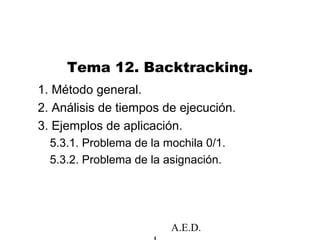 A.E.D.
Tema 12. Backtracking.
1. Método general.
2. Análisis de tiempos de ejecución.
3. Ejemplos de aplicación.
5.3.1. Problema de la mochila 0/1.
5.3.2. Problema de la asignación.
 