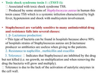• Toxic shock syndrome toxin 1 : (TSST-1):
Associated with toxic shock syndrome TSS.
Produced by some strains of Staphylococcus aureus in human this
toxin cause TSS which is a systemic infection characterized by high
fever, hypotension and shock with multisystem involvement.
• Staphylococci are variably sensitive to many antimicrobial drug
and resistance falls into several classes:
1. β- Lactamase production:
• This type of bacteria can be found in hospitals because above 90%
of hospitals strains of Staphylococcus aureus are β-lactamase
producer so antibiotics are useless when giving to the patients.
2. Resistance to naphcillin , methicillin and oxacillin
3. Tolerance: Indicates that Staphylococci are inhibited by the drug
but not killed (i.e. no growth, no multiplication and when removing the
drug the bacteria will grow and multiply).
Tolerance is due to the lack of the activation of autolytic enzymes in
the cell wall.
 