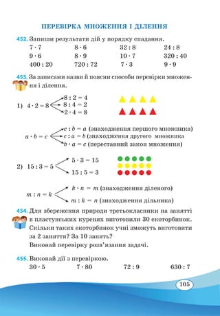 105
ПЕРЕВІРКА МНОЖЕННЯ І ДІЛЕННЯ
452. Запиши результати дій у порядку спадання.
7 ∙ 7 8 ∙ 6 32 : 8 24 : 8
9 ∙ 6 8 ∙ 9 10 ∙ 7 320 : 40
400 : 20 720 : 72 7 ∙ 3 9 ∙ 9
453. За записами назви й поясни способи перевірки множен-
ня і ділення.
454. Для збереження природи третьокласники на занятті
в пластунських куренях виготовили 30 екоторбинок.
Скільки таких екоторбинок учні зможуть виготовити
за 2 заняття? За 10 занять?
Виконай перевірку розв’язання задачі.
455. Виконай дії з перевіркою.
30 ∙ 5	 7 ∙ 80	 72 : 9	 630 : 7
c : b = a (знаходження першого множника)
с : a = b (знаходження другого множника
b ∙ a = c (переставний закон множення)
а ∙ b = c
m : n = k
k ∙ n = m (знаходження діленого)
m : k = n (знаходження дільника)
2)	15 : 3 = 5
15 : 5 = 3
5 ∙ 3 = 15
1)	4 ∙ 2 = 8
8 : 2 = 4
2 ∙ 4 = 8
8 : 4 = 2
 