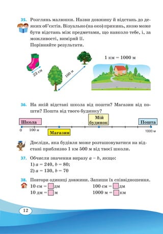 12
35. 	 Розглянь малюнки. Назви довжину й відстань до де-
яких об’єктів. Візуально (на око) прикинь, якою може
бути відстань між предметами, що навколо тебе, і, за
можливості, виміряй її.
Порівняйте результати.
							1 км = 1000 м
36. 	На якій відстані школа від пошти? Магазин від по-
шти? Пошта від твого будинку?
Досліди, яка будівля може розташовуватися на від-
стані приблизно 1 км 500 м від твоєї школи.
37. 	 Обчисли значення виразу а – b, якщо:
1) а = 240, b = 80;
2) а = 130, b = 70
38. 	 Повтори одиниці довжини. Запиши їх співвідношення.
10 см = дм			 100 см = дм
10 дм = м			 1000 м = км
23 см
100
м
100 м 1000 м
Школа
Магазин
Мій
будинок Пошта
0
 
