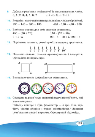 139
9. 	 Добираю розв’язки нерівностей із запропонованих чисел.
0, 1, 2, 3, 4, 5, 6, 7 х + 4  9, х ∙ 3  9
10. 	 Розумію і можу пояснити правильність числової рівності.
290 + 140 = 300 + 130	 480 – 190 = 490 – 200
11. 	 Вибираю зручні для себе способи обчислень.
450 + (50 + 70)	 170 – (70 + 50)
2 ∙ 12 ∙ 5	 20 + 5 + 20 + 5 +20 + 5
12. 	 Порівнюю частини, розміщую їх в порядку зростання.
1
2
,  1
5
,  1
7
,  1
9
,  1
4
,  1
3
,  1
6
,  1
8
,  1
10
.
13. 	Називаю основні ознаки прямокутника і квадрата.
Обчислюю їх периметри.
14. 	 Визначаю час за циферблатом годинника.
15. 	 Складаю та розв’язую сюжетні задачі про об’єкти, які
мене оточують.
Олівець коштує a грн, фломастер — b грн. Яка вар-
тість шести олівців і трьох фломастерів? Запиши
розв’язання задачі виразом. Сформулюй відповідь.
M
R
O
E
A
C
B
D
 