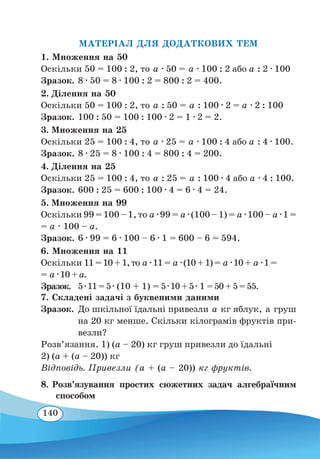 140
МАТЕРІАЛ ДЛЯ ДОДАТКОВИХ ТЕМ
1. Множення на 50
Оскільки 50 = 100 : 2, то а ∙ 50 = а ∙ 100 : 2 або а : 2 ∙ 100
Зразок.	8 ∙ 50 = 8 ∙ 100 : 2 = 800 : 2 = 400.
2. Ділення на 50
Оскільки 50 = 100 : 2, то а : 50 = а : 100 ∙ 2 = а ∙ 2 : 100
Зразок.	100 : 50 = 100 : 100 ∙ 2 = 1 ∙ 2 = 2.
3. Множення на 25
Оскільки 25 = 100 : 4, то а ∙ 25 = а ∙ 100 : 4 або а : 4 ∙ 100.
Зразок.	8 ∙ 25 = 8 ∙ 100 : 4 = 800 : 4 = 200.
4. Ділення на 25
Оскільки 25 = 100 : 4, то а : 25 = а : 100 ∙ 4 або а ∙ 4 : 100.
Зразок.	600 : 25 = 600 : 100 ∙ 4 = 6 ∙ 4 = 24.
5. Множення на 99
Оскільки 99 = 100 – 1, то а ∙ 99 = а ∙ (100 – 1) = а ∙ 100 – а ∙ 1 =
= а ∙ 100 – а.
Зразок.	6 ∙ 99 = 6 ∙ 100 – 6 ∙ 1 = 600 – 6 = 594.
6. Множення на 11
Оскільки 11=10+1,то а ∙11= а ∙(10+1)= а ∙10+ а ∙1=
= а ∙10+а.
Зразок.	5 ∙ 11 = 5 ∙ (10 + 1) = 5 ∙ 10 + 5 ∙ 1 = 50 + 5 = 55.
7. Складені задачі з буквеними даними
Зразок.	 До шкільної їдальні привезли а кг яблук, а груш
на 20 кг менше. Скільки кілограмів фруктів при-
везли?
Розв’язання. 1) (а – 20) кг груш привезли до їдальні
2) (а + (а – 20)) кг
Відповідь. Привезли (а + (а – 20)) кг фруктів.
8. Розв’язування простих сюжетних задач алгебраїчним
способом
 