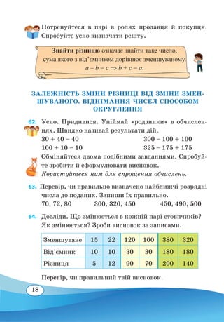 18
Потренуйтеся в парі в ролях продавця й покупця.
Спробуйте усно визначати решту.
ЗАЛЕЖНІСТЬ ЗМІНИ РІЗНИЦІ ВІД ЗМІНИ ЗМЕН-
ШУВАНОГО. ВІДНІМАННЯ ЧИСЕЛ СПОСОБОМ
ОКРУГЛЕННЯ
62. 	Усно. Придивися. Упіймай «родзинки» в обчислен-
нях. Швидко називай результати дій.
30 + 40 – 40				 300 – 100 + 100
100 + 10 – 10				 325 – 175 + 175
Обміняйтеся двома подібними завданнями. Спробуй-
те зробити й сформулювати висновок.
Користуйтеся ним для спрощення обчислень.
63.  Перевір, чи правильно визначено найближчі розрядні
числа до поданих. Запиши їх правильно.
70, 72, 80		 300, 320, 450		 450, 490, 500
64. 	Досліди�. Що змінюється в кожній парі стовпчиків?
Як змінюється? Зроби висновок за записами.
Зменшуване 15 22 120 100 380 320
Від’ємник 10 10 30 30 180 180
Різниця 5 12 90 70 200 140
Перевір, чи правильний твій висновок.
Знайти різницю означає знайти таке число,
сума якого з від’ємником дорівнює зменшуваному.
а – b = c ⇒ b + с = а.
 