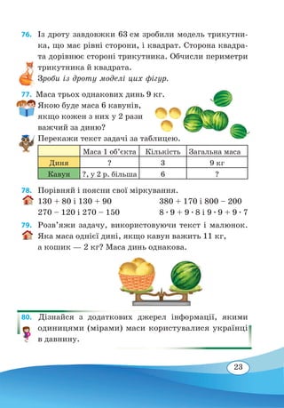 23
76. 	 Із дроту завдовжки 63 см зробили модель трикутни-
ка, що має рівні сторони, і квадрат. Сторона квадра-
та дорівнює стороні трикутника. Обчисли периметри
трикутника й квадрата.
Зроби із дроту моделі цих фігур.	
77.  Маса трьох однакових динь 9 кг.
Якою буде маса 6 кавунів,
якщо кожен з них у 2 рази
важчий за диню?
Перекажи текст задачі за таблицею.
Маса 1 об’єкта Кількість Загальна маса
Диня ? 3 9 кг
Кавун ?, у 2 р. більша 6 ?
78. 	 Порівняй і поясни свої міркування.
130 + 80 і 130 + 90	 380 + 170 і 800 – 200
270 – 120 і 270 – 150	 8 ∙ 9 + 9 ∙ 8 і 9 ∙ 9 + 9 ∙ 7
79. 	 Розв’яжи задачу, використовуючи текст і малюнок.
Яка маса однієї дині, якщо кавун важить 11 кг,
а кошик — 2 кг? Маса динь однакова.
80.  Дізнайся з додаткових джерел інформації, якими
одиницями (мірами) маси користувалися українці
в давнину.
 