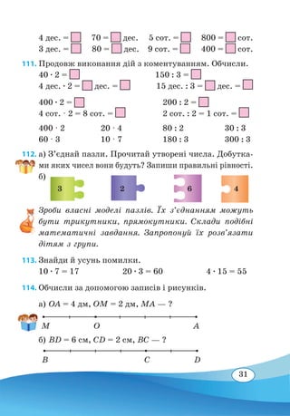 31
4 дес. = 70 =
 
дес. 5 сот. = 800 =
 
сот.
3 дес. = 80 =
 
дес. 9 сот. = 400 =
 
сот.
111. Продовж виконання дій з коментуванням. Обчисли.
40 ∙ 2 = 	 150 : 3 =
4 дес. ∙ 2 =  дес. = 15 дес. : 3 =
 
дес. =
400 ∙ 2 =
		
200 : 2 =
4 сот. · 2 = 8 сот. =
	
2 сот. : 2 = 1 сот. =
400 · 2	 20 · 4	 80 : 2	 30 : 3
60 · 3	 10 · 7	 180 : 3	 300 : 3
112. а) З’єднай пазли. Прочитай утворені числа. Добутка-
ми яких чисел вони будуть? Запиши правильні рівності.
б)
Зроби власні моделі пазлів. Їх з’єднанням можуть
бути трикутники, прямокутники. Склади подібні
математичні завдання. Запропонуй їх розв’язати
дітям з групи.
113. Знайди й усунь помилки.
10 ∙ 7 = 17	 20 ∙ 3 = 60	 4 ∙ 15 = 55
114. Обчисли за допомогою записів і рисунків.
а) ОА = 4 дм, ОM = 2 дм, MA — ?
б) BD = 6 см, CD = 2 см, BC — ?
2 43 6
M O A
B C D
 
