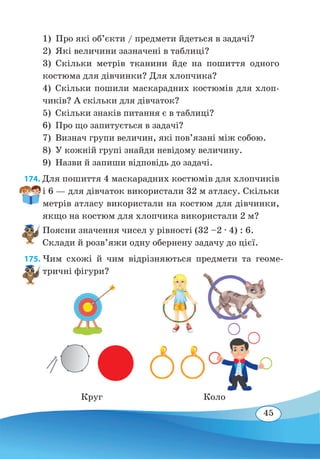 45
1)  Про які об’єкти / предмети йдеться в задачі?
2)  Які величини зазначені в таблиці?
3) Скільки метрів тканини йде на пошиття одного
костюма для дівчинки? Для хлопчика?
4) Скільки пошили маскарадних костюмів для хлоп-
чиків? А скільки для дівчаток?
5)  Скільки знаків питання є в таблиці?
6)  Про що запитується в задачі?
7)  Визнач групи величин, які пов’язані між собою.
8)  У кожній групі знайди невідому величину.
9)  Назви й запиши відповідь до задачі.
174. Для пошиття 4 маскарадних костюмів для хлопчиків
і 6 — для дівчаток використали 32 м атласу. Скільки
метрів атласу використали на костюм для дівчинки,
якщо на костюм для хлопчика використали 2 м?
Поясни значення чисел у рівності (32 –2 ∙ 4) : 6.
Склади й розв’яжи одну обернену задачу до цієї.
175. Чим схожі й чим відрізняються предмети та геоме-
тричні фігури?
Круг		 Коло
 