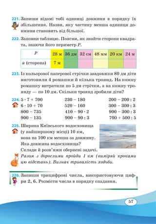 57
221. Запиши відомі тобі одиниці довжини в порядку їх
збільшення. Назви, яку частину менша одиниця до-
вжини становить від більшої.
222. Заповни таблицю. Поясни, як знайти сторони квадра-
та, знаючи його периметр P.
P 28 м 36 дм 32 см 48 мм 20 км 24 м
а (сторона) 7 м
223. Із кольорової паперової стрічки завдовжки 80 дм діти
виготовили 4 ромашки й кілька троянд. На кожну
ромашку витратили по 5 дм стрічки, а на кожну тро-
янду — по 10 дм. Скільки троянд зробили діти?
224. 5 ∙ 7 + 700		 230 – 180 200 – 200 : 2
6 ∙ 10 + 70		 520 – 160 300 – 300 : 3
800 – 735	 410 – 90 ∙ 2 900 – 300 : 3
900 – 135	 900 – 90 : 3 700 + 500 : 5
225. Ширина Київського водосховища
(у найширшому місці) 10 км,
вона на 100 км менша за довжину.
Яка довжина водосховища?
Склади й розв’яжи обернені задачі.
Разом з дорослими пройди 1 км (виміряй кроками
цю відстань). Визнач тривалість ходьби.
226. Запиши трицифрові числа, використовуючи циф-
ри 2, 6. Розмісти числа в порядку спадання.
 