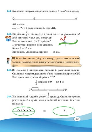 63
244. За схемою і коротким записом склади й розв’яжи задачу.
AB = 4 см
BD — ?, у 2 рази довший, ніж АB.
245. Відрі�зали
1
3
 
стрічки. Це 5 см. 5 см — це значення од-
нієї третьої частини стрічки.
Яка ж довжина цілої стрічки?
Прочитай і поясни розв’язання.
5 см ∙ 3 = 15 см
Відповідь. Довжина стрічки — 15 см.
	
246. За схемою і питаннями склади й розв’яжи задачу.
Скільком метрам дорівнює п’ята частина відрізка CD?
Яка довжина цілого відрізка CD?
247. На половині клумби росте 15 троянд. Скільки троянд
росте на всій клумбі, якщо на іншій половині їх стіль-
ки само?
⇒
A B D
Щоб знайти число (цілу величину), достатньо значення
частини помножити на кількість таких частин (знаменник).
C D
?
1
5
	
відрізка CD — це 4 м
?
?
 