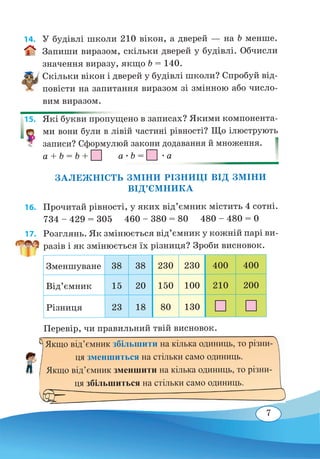 7
14. 	 У будівлі школи 210 вікон, а дверей — на b менше.
Запиши виразом, скільки дверей у будівлі. Обчисли
значення виразу, якщо b = 140.
Скільки вікон і дверей у будівлі школи? Спробуй від-
повісти на запитання виразом зі змінною або число-
вим виразом.
15. 	 Які букви пропущено в записах? Якими компонента-
ми вони були в лівій частині рівності? Що ілюструють
записи? Сформулюй закони додавання й множення.
a + b = b +
	
a ∙ b =   ∙ a
ЗАЛЕЖНІСТЬ ЗМІНИ РІЗНИЦІ ВІД ЗМІНИ
ВІД’ЄМНИКА
16. 	 Прочитай рівності, у яких від’ємник містить 4 сотні.
734 – 429 = 305 460 – 380 = 80 480 – 480 = 0	
17. 	 Розглянь. Як змінюється від’ємник у кожній парі ви-
разів і як змінюється їх різниця? Зроби висновок.
Зменшуване 38 38 230 230 400 400
Від’ємник 15 20 150 100 210 200
Різниця 23 18 80 130
Перевір, чи правильний твій висновок.
	
Якщо від’ємник збільшити на кілька одиниць, то різни-
ця зменшиться на стільки само одиниць.
Якщо від’ємник зменшити на кілька одиниць, то різни-
ця збільшиться на стільки само одиниць.
 