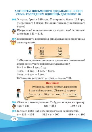 76
АЛГОРИТМ ПИСЬМОВОГО ДОДАВАННЯ, ЯКЩО
СУМА РОЗРЯДНИХ ОДИНИЦЬ ДОРІВНЮЄ 10
306. У трьох братів 348 грн. У старшого брата 123 грн,
у середнього 112 грн. Скільки гривень у найменшого
брата?
Сформулюй таке запитання до задачі, щоб останньою
дією було 123 – 113.
307. Прокоментуй виконання дій додавання в стовпчиках
за алгоритмом.
1) Як записувати компоненти додавання стовпчиком?
2) Як виконувати порозрядне додавання?
8 + 2 = 10 = 1 дес. 0 од.
4 дес. + 3 дес. + 1 дес. = 8 дес.
3 сот. + 4 сот. = 7 сот.
3) Читання результату. Сума — число 780.
308.  Обчисли з коментуванням. Ти будеш автором алгоритму.
425 + 135	 425 + 283	 149 + 31
309. Із чисел 278 і 356 добери розв’язки нерівностей.
a – 122  158 312 + a  600 489 – a  400
+
348
	
432
	
780
+
344
	
261
	 605
Пам’ятай!
10 одиниць одного розряду дорівнюють
1 одиниці наступного (більшого) розряду:
10 од. = 1 дес., 10 дес. = 1 сот., 10 сот. = 1 тис.
 