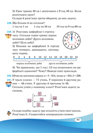 83
2) Урок тривав 40 хв і закінчився о 9 год 40 хв. Коли
розпочався урок?
Склади й розв’яжи третю обернену до них задачу.
338. Що більше й на скільки?
1 год чи 1 хв	 1 год чи 58 хв	 10 год чи 9 год 60 хв
339. 1)  Розглянь циферблат і стрічку
часу. Скільки годин триває перша
половина доби? Друга половина
доби? Ціла доба?
2) Покажи на циферблаті й стрічці
часу четверту, дванадцяту, шістнад-
цяту гoдину.
0 2
перша половина доби друга половина доби
4 6 8 10 12 14 16 18 20 22 24
3)  Чи правильно, що 1 год і 13 год позначають на ци-
ферблаті однаково? Чому? Наведи інші приклади.
340. Обчисли значення виразу a+b–314, якщо a=341,b=238.
341. У трьох класах — 71 учень. У першому й другому ра-
зом — 48 учнів. У другому й третьому їх 46.
Скільки учнів у кожному класі? Розв’яжи задачу за
схемою.
Склади подібну задачу про кількість учнів твоєї школи.
Розв’яжи її. Скористайся попередньою схемою.
24
18
1323
1719
1422
1521
1620
71
?
?
?
48
46
 