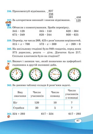 87
356. Прокоментуй віднімання.
357. За алгоритмом виконай і поясни віднімання.
358. Обчисли з коментуванням. Зроби перевірку.
345 – 128	 345 – 153	 620 – 364
675 – 349	 828 – 344	 930 – 625
359. Перевір, чи числа 269, 425 є розв’язками нерівностей.
315 + x  700	 573 – x  300	 x – 269  0
360. На шкільному стадіоні було 948 глядачів, серед яких
375 дорослих, решта — діти. Дівчаток було 217.
Скільки хлопчиків було на стадіоні?
361. Визнач і запиши час, який позначено на циферблаті
годинника в другій половині доби.
362. За даними таблиці склади й розв’яжи задачі.
Вид
змагання
Число
учасників
Число
команд
Число
учасників
у команді
Біг 120 10 ?
Стрибки 30 5 ?
363. 324 + 293			 617 – 324			 617 – 293
–
837
	
256
	
581
–
458
129
	
 