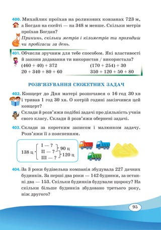 95
400. Михайлик проїхав на роликових ковзанах 723 м,
а Богдан на скейті — на 348 м менше. Скільки метрів
проїхав Богдан?
Прикинь, скільки метрів і кілометрів ти проходиш
чи пробігаєш за день.
401. Обчисли зручним для тебе способом. Які властивості
й закони додавання ти використав / використала?
(460 + 40) + 372	 (170 + 254) + 30
20 + 340 + 80 + 60	 350 + 120 + 50 + 80
РОЗВ’ЯЗУВАННЯ СЮЖЕТНИХ ЗАДАЧ
402. Концерт до Дня матері розпочався о 16 год 30 хв
і тривав 1 год 30 хв. О котрій годині закінчився цей
концерт?
Склади й розв’яжи подібні задачі про діяльність учнів
свого класу. Склади й розв’яжи обернені задачі.
403. Склади за коротким записом і малюнком задачу.
Розв’яжи її з поясненням.
404. За 3 роки будівельна компанія збудувала 227 дачних
будинків. За перші два роки — 142 будинки, за остан-
ні два — 153. Скільки будинків будували щороку? На
скільки більше будинків збудовано третього року,
ніж другого?
I — ?
II — ?
III — ?
90 ц
120 ц
138 ц
 