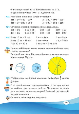 99
б) Різницю чисел 834 і 359 зменшити на 175.
в) До різниці чисел 707 і 278 додати 399.
423. Розв’яжи рівняння. Зроби перевірку.
348 + x = 580 – 230	 y – 390 = 400 – 400
348 + x = 200 + 380	 y – 390 = 184 + 216
424. Обчисли. Зроби перевірку з коментуванням.
450 + 36 542 + 38 542 + 158 300 – 150
364 + 25 542 + 58 542 + 159 400 – 290
425.	2 год 10 хв – 2 год	 1 м – 45 см	 1 м – 3 дм
2 год 10 хв – 10 хв	 1 дм – 6 см	 1 ц – 75 кг
7 хв 30 с + 30 с	 5 хв 25 с – 3 хв 15 с
426. На яке найбільше число частин можна поділити круг
трьома прямими?
Виконай рисунки. Зістав свій результат з рисунками,
що пропонує Мудрик.
427. Поділи круг на 4 рівні частини. Зафарбуй
1
2
круга;
1
4
круга.
428. Є по одній паличці завдовжки 5 см і 4 см; три палич-
ки по 6 см; три палички по 3 см. Чи можна, не лама-
ючи паличок, скласти квадрат? Виконай рисунок або
модель з паличок.
Склади власне подібне завдання.
O2
O1
O
 