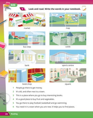 Reading
24
1
1 Look and read. Write the words in your notebook.
1	 People go there to get money.
2	 It’s old, and often next to a town. 
3	 This is a place where you go to buy interesting books.
4	 It’s a good place to buy fruit and vegetables.
5	 You go there to play football, basketball and go swimming.
6	 You need it in a town when you are new. It helps you to find places.
bus stop castle
bank sports centre
book shop square
market map
Skills
 