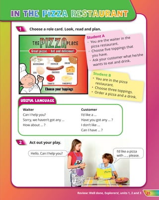 35
Review: Well done, Explorers!, units 1, 2 and 3
2
2 	Act out your play.
Waiter	Customer
Can I help you?	 I’d like a …
Sorry, we haven’t got any … 	 Have you got any … ?
How about … ?	 I don’t like …
	 Can I have … ?
Useful lAnguAge
Hello. Can I help you?
I’d like a pizza
with … , please.
1
1 	Choose a role card. Look, read and plan.
	
In the pizza restaurant
Student B
• 
You are in the pizza
restaurant.
• 
Choose three toppings.
• 
Order a pizza and a drink.
Student A
• 
You are the waiter in the
pizza restaurant.
• 
Choose five toppings that
you have.
• 
Ask your customer what he/she
wants to eat and drink.
 