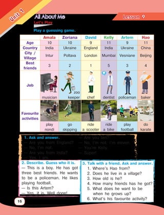 All About Me Lesson	
16
Unit
1
9
	 Let’s Play
		 Play a guessing game.
1. Ask and answer.
— Are you from England?
— No, I’m not.
— Are you from India?
— Yes, I am.
Amala Zoriana David Kelly Artem Hao
Age 10 10 9 11 9 11
Country India Ukraine England India Ukraine China
City /
Village
Intur Poltava London Mumbai Vesniane Beijing
Best
friends
3 2 1 5 3 4
Job
musician
zoo
keeper chef dentist policeman baker
Favourite
activities
play
nondi
go
skipping
ride
a scooter
ride
a bike
play
football
do
karate
— Are you ten?
— No, I’m not. I’m eleven.
— You’re Kelly.
— Super!
2. Describe. Guess who it is.
— This is a boy. He has got
three best friends. He wants
to be a policeman. He likes
playing football.
— Is this Artem?
— Yes, it is. Well done!
3. Talk with a friend. Ask and answer.
1. Where’s Hao from?
2. Does he live in a village?
3. How old is he?
4. How many friends has he got?
5. What does he want to be
when he grows up?
6. What’s his favourite activity?
 