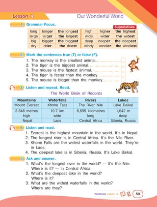 Lesson	 Our Wonderful World
59
4
4.	 Listen and read.
Workbook Lesson 4
3.	 Listen and repeat. Read.
The World Book of Records
Mountains Waterfalls Rivers Lakes
Mount Everest Khone Falls The River Nile Lake Baikal
8,848 metres
high
10.7 km
wide
6,695 kilometres
long
1,642 m
deep
Nepal Laos Central Africa Siberia, Russia
1. Everest is the highest mountain in the world. It’s in Nepal.
2. The longest river is in Central Africa. It’s the Nile River.
3. Khone Falls are the widest waterfalls in the world. They’re
in Laos.
4. The deepest lake is in Siberia, Russia. It’s Lake Baikal.
5.	 Ask and answer.
1. What’s the longest river in the world? — It’s the Nile. 	
Where is it? — In Central Africa.
2. What’s the deepest lake in the world?
Where is it?
3. What are the widest waterfalls in the world?
Where are they?
2.	 Mark the sentences true (T) or false (F).
1. The monkey is the smallest animal......................
2. The tiger is the biggest animal............................
3. The mouse is the fastest animal. .......................
4. The tiger is faster than the monkey....................
5. The mouse is bigger than the monkey................
1.	 Grammar Focus.
long longer the longest high higher the highest
large larger the largest wide wider the widest
big bigger the biggest deep deeper the deepest
dry drier the driest windy windier the windiest
Superlatives
 