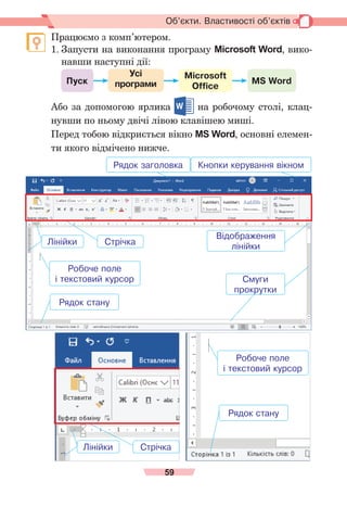 59
Об’єкти. Властивості об’єктів
	 Працюємо	з	комп’ютером.
1.	Запусти	на	виконання	програму	Microsoft Word,	вико-
навши	наступні	дії:
MS Word
Пуск
Усі
програми
Microsoft
Office
Або	за	допомогою	ярлика	 	на	робочому	столі,	клац-
нувши	по	ньому	двічі	лівою	клавішею	миші.
Перед	тобою	відкриється	вікно	MS Word,	основні	елемен-
ти	якого	відмічено	нижче.
Відображення
лінійки
Смуги
прокрутки
Ðядок заголовка Кнопки керування вікном
Ðобоче поле
і текстовий курсор
Ðядок стану
Лінійки Стрічка
Лінійки Стрічка
Ðядок стану
Ðобоче поле
і текстовий курсор
 