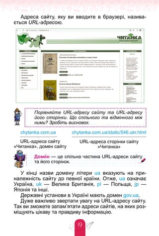 19
Адреса сайту, яку ви вводите в браузері, назива-
ється URL-адресою.
Порівняйте URL-адресу сайту та URL-адресу
його сторінки. Що спільного та відмінного між
ними? Зробіть висновок.
chytanka.com.ua chytanka.com.ua/static/546.ukr.html
URL-адреса сайту
«Читанка», домен сайту
URL-адреса сторінки сайту
«Читанка»
Домен — це спільна частина URL-адреси сайту
— це спільна частина URL-адреси сайту
та його сторінок.
та його сторінок.
У кінці назви домену літери ua вказують на при-
належність сайту до певної країни. Отже, ua означає
Україна, uk — Велика Британія, pl — Польща, jp —
Японія та інші.
Державні установи в Україні мають домен gov.ua.
Дуже важливо звертати увагу на URL-адресу сайту.
Так ви зможете запам’ятати адреси сайтів, на яких роз-
міщують цікаву та правдиву інформацію.
 